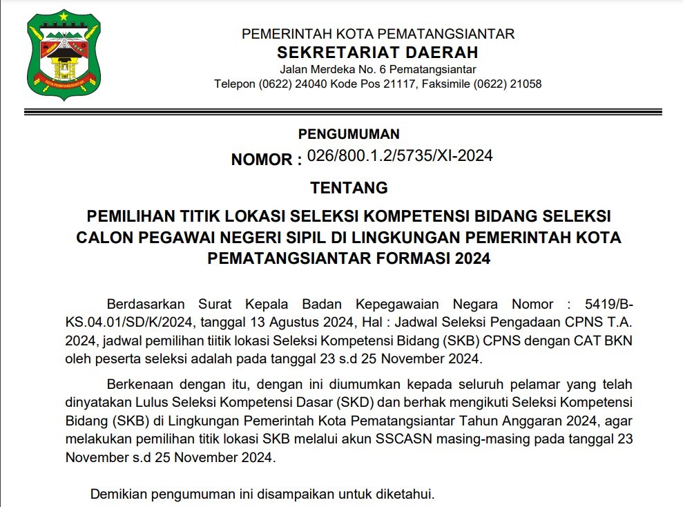PEMILIHAN TITIK LOKASI SKB CPNS PEMERINTAH KOTA PEMATANGSIANTAR